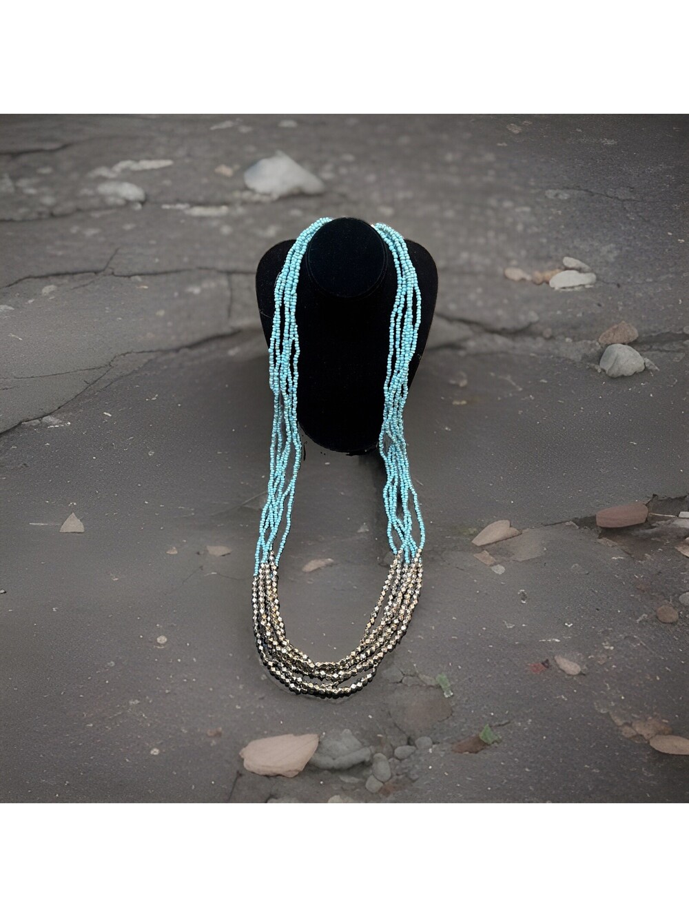 Vintage Necklace Seed Bead 6-Strand Turquoise And Silver Colored Loop